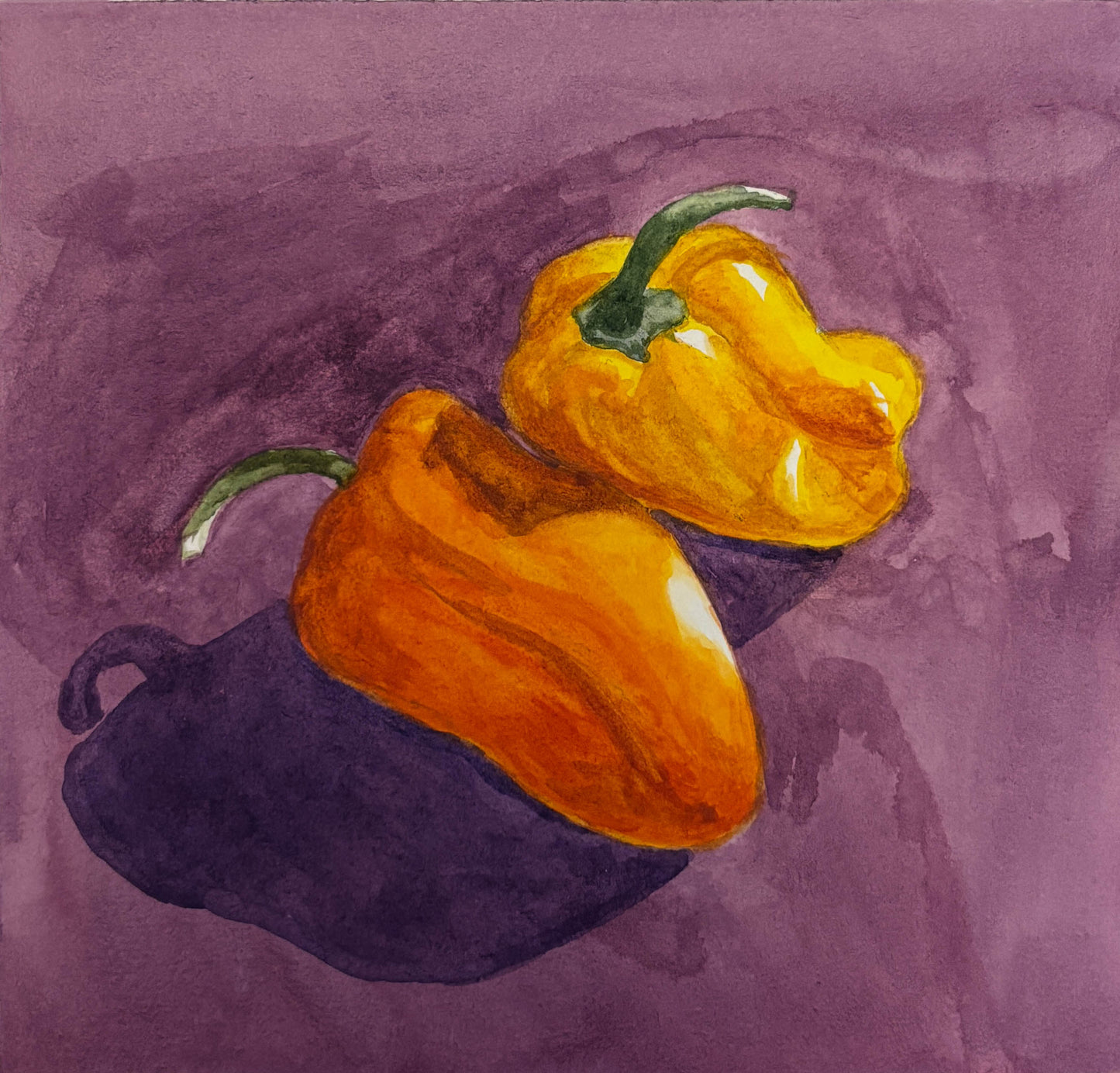 Two peppers, one orange and one yellow, on a purple background