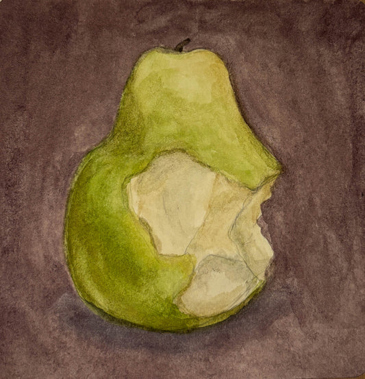 Illustration of a green pear with bites taken out of it on a plum brown background