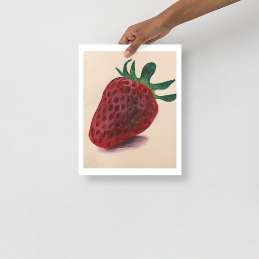 Product mockup of a gouache painting print of a red strawberry with green leaves on a beige background