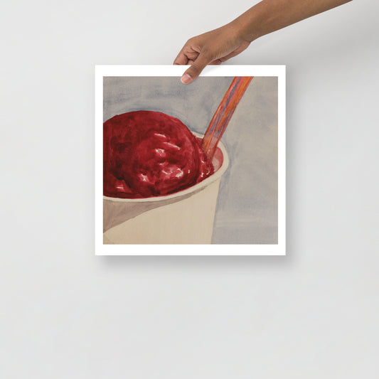 Product mockup of Raspberry gelato in a cup with a spoon on a light gray background