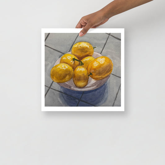 Product mockup of Still life painting of lemons on a plate with a textured gray background