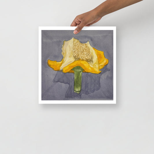 Product mockup of Artistic depiction of a yellow bell pepper with a green stem on a gray background
