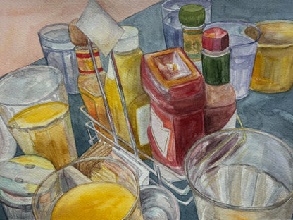 Watercolor painting of a condiment and drink setup on a table, featuring a red ketchup bottle, yellow mustard, clear glasses, and other containers.