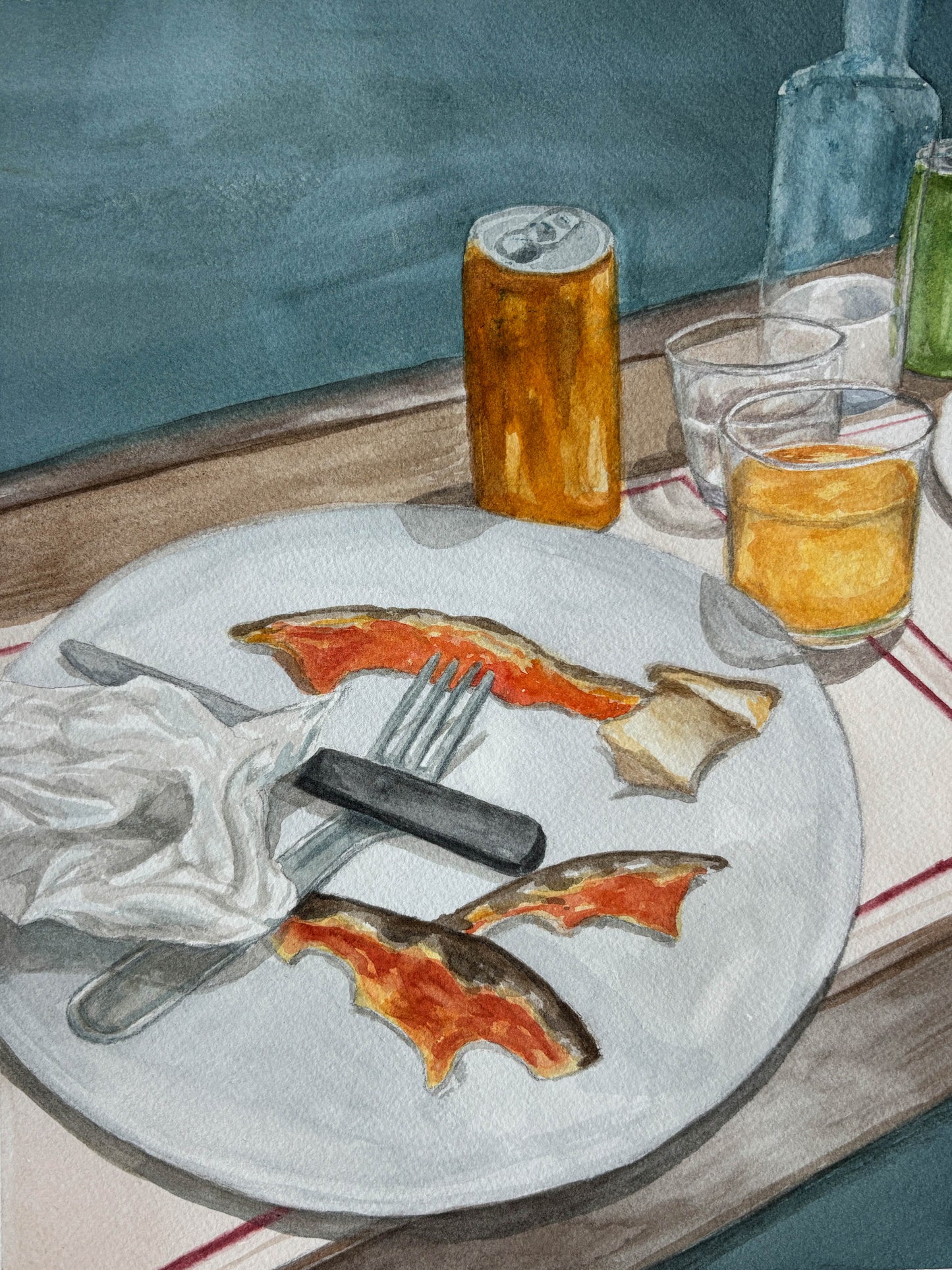 watercolor painting of pizza crust and a soda.