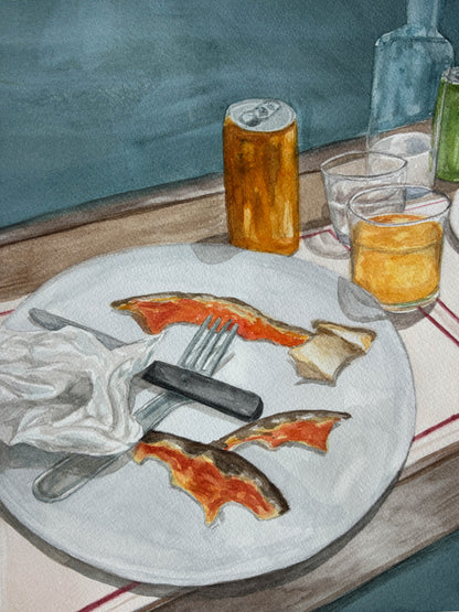 watercolor painting of pizza crust and a soda.