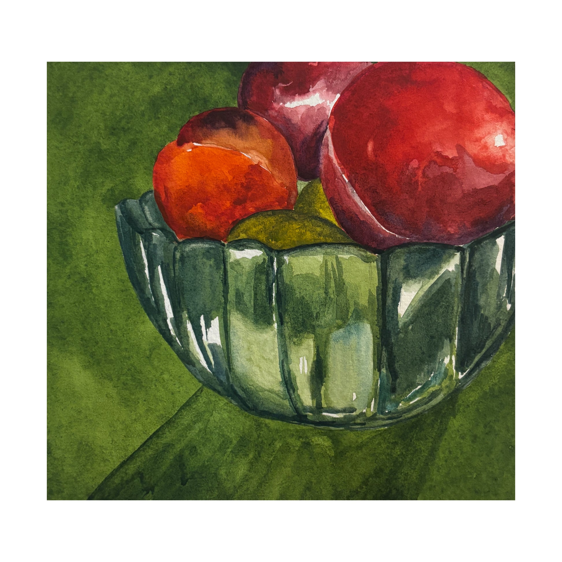 watercolor painting that depicts a green bowl with red fruit against a green background. 