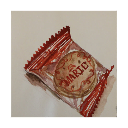 Illustration of a cookie with 'Marie' branding in a red wrapper on a beige background