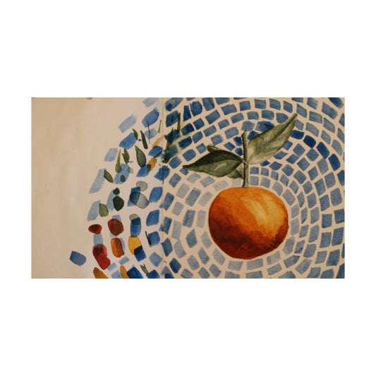 Artistic depiction of an orange with leaves on a mosaic-style background
