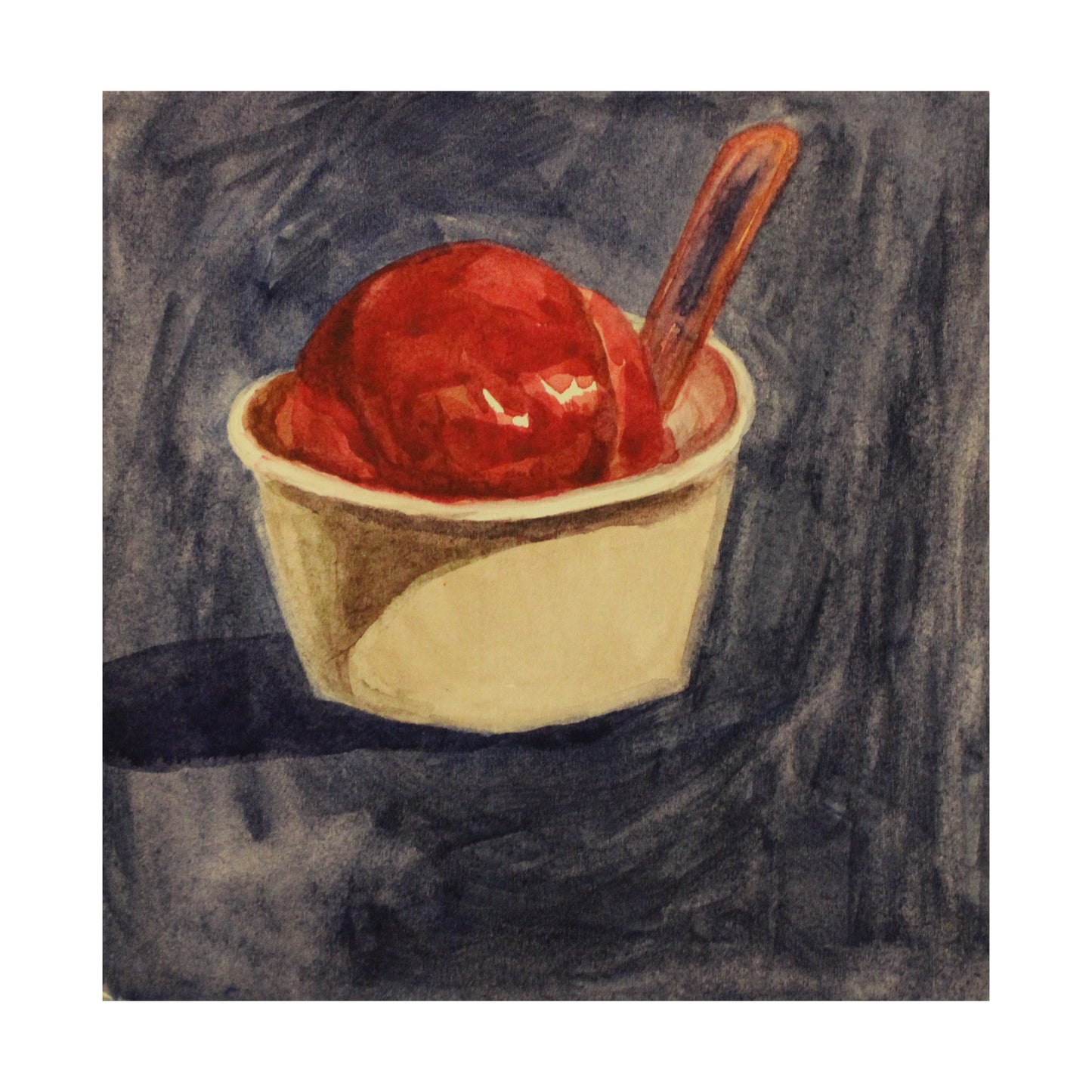 Artistic depiction of a raspberry gelato in a white cup with a spoon on a textured dark background