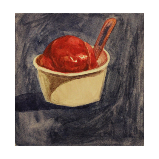 Artistic depiction of a raspberry gelato in a white cup with a spoon on a textured dark background