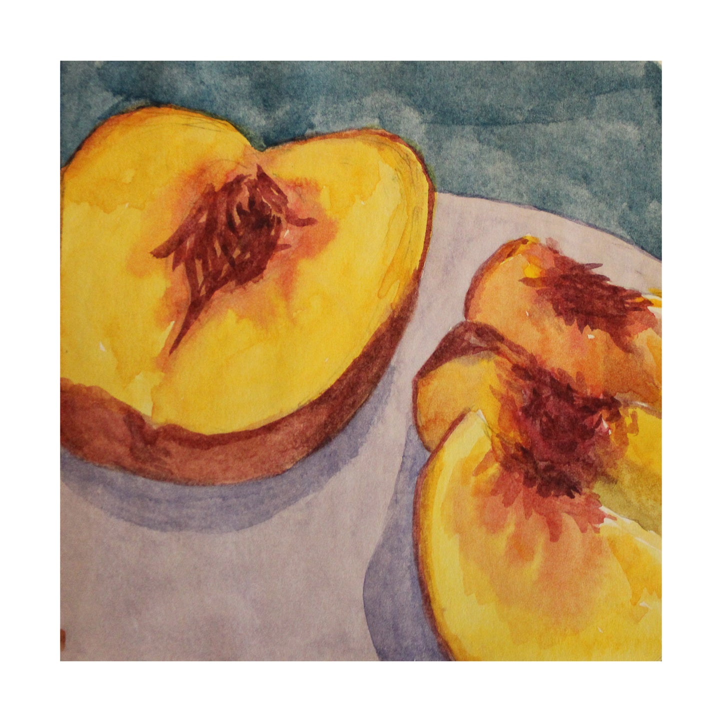 watercolor painting of a peach cut in half on a purple plate with a blue background