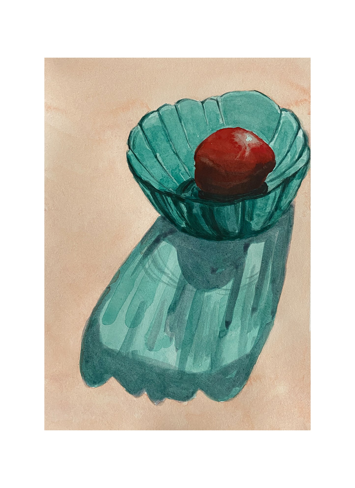 Teal glass vase with a red fruit on a beige background