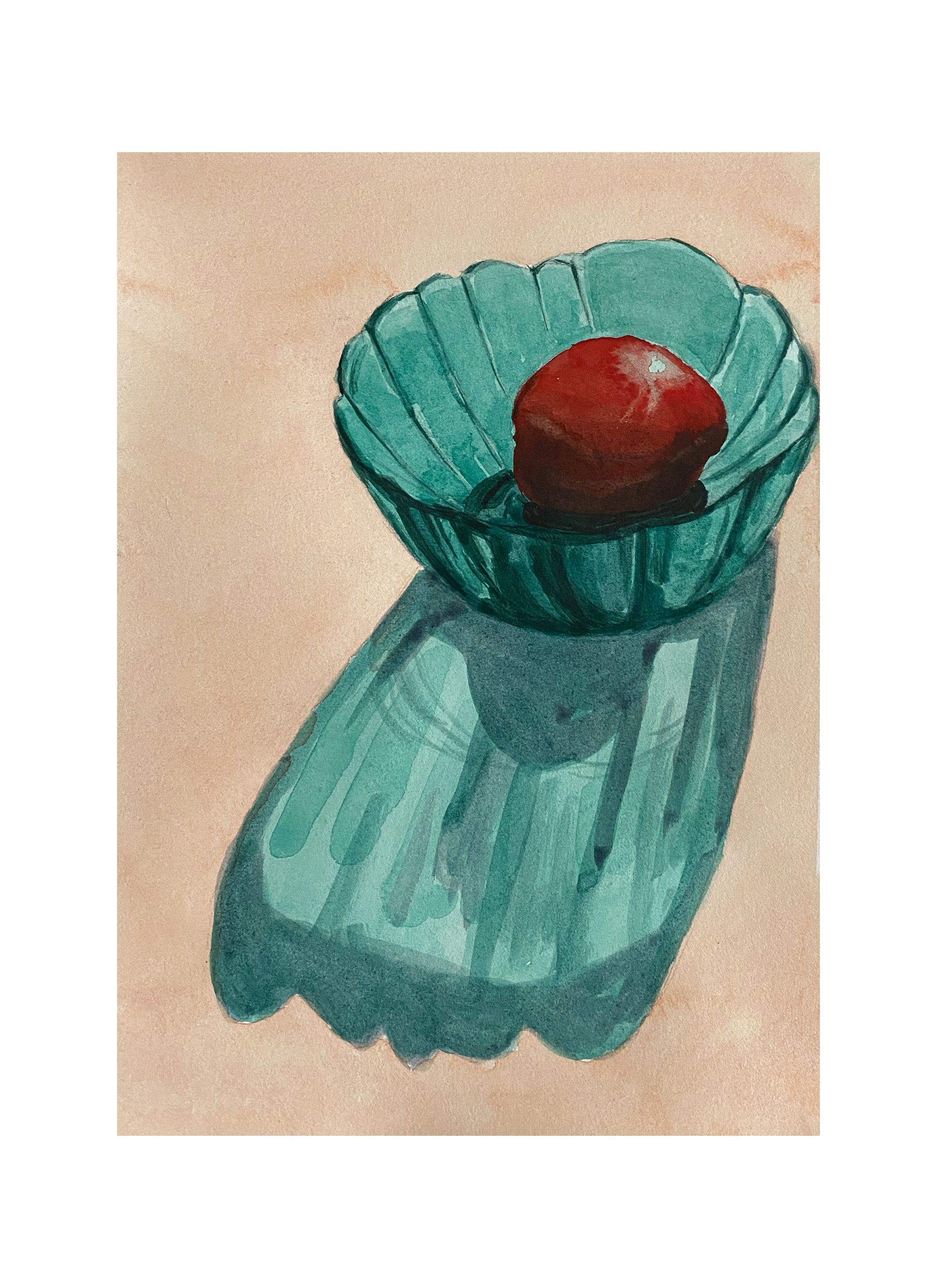 Teal glass vase with a red fruit on a beige background