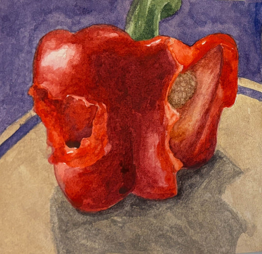 watercolor painting of a red bell pepper with bites taken out of it on a textured surface with a dark background
