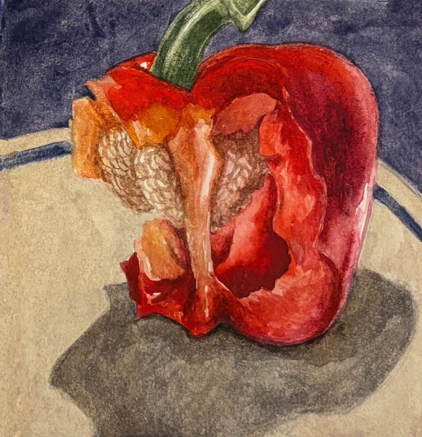 watercolor painting of a red bell pepper with bites taken out of it on a textured surface with a dark background