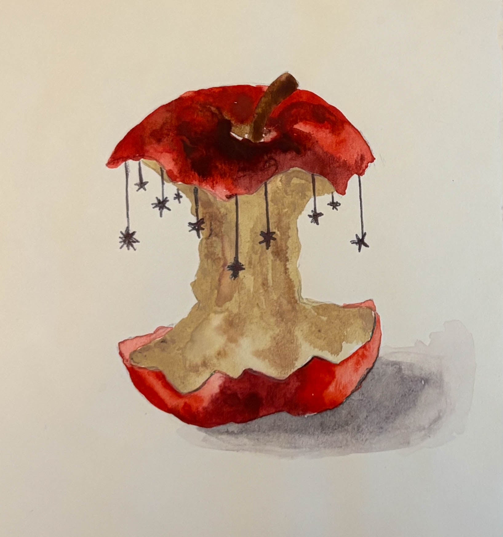 watercolor painting of a red apple with a bite taken out, hanging stars, and a beige background.
