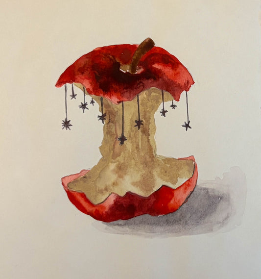 watercolor painting of a red apple with a bite taken out, hanging stars, and a beige background.