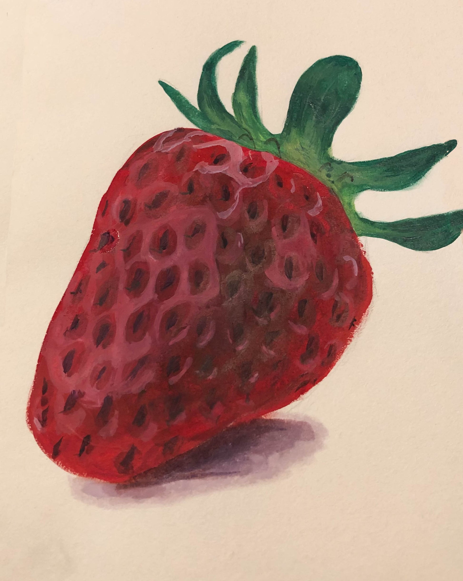 gouache painting of a red strawberry with green leaves on a beige background