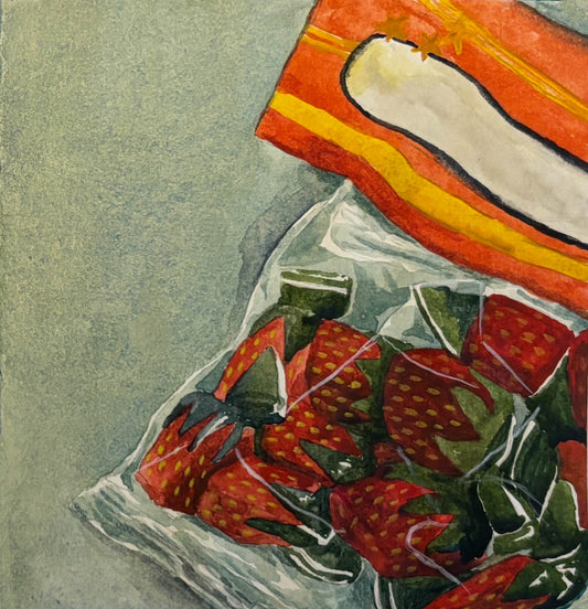 watercolor painting of a bag of strawberry candies with a colorful label on a textured background