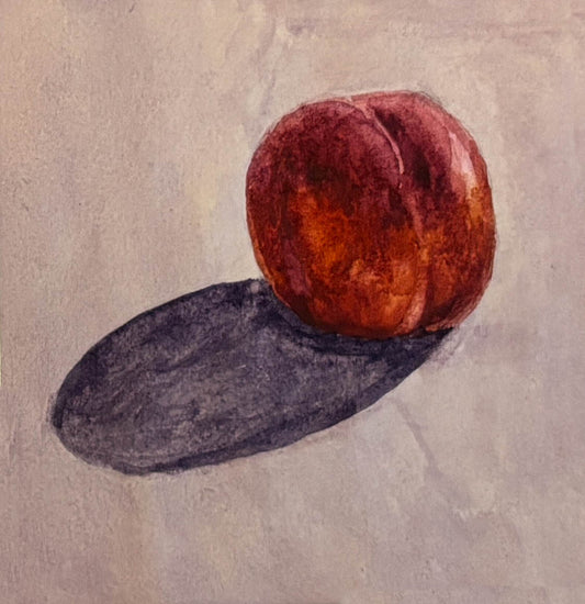 Watercolor painting of a peach on a textured beige background