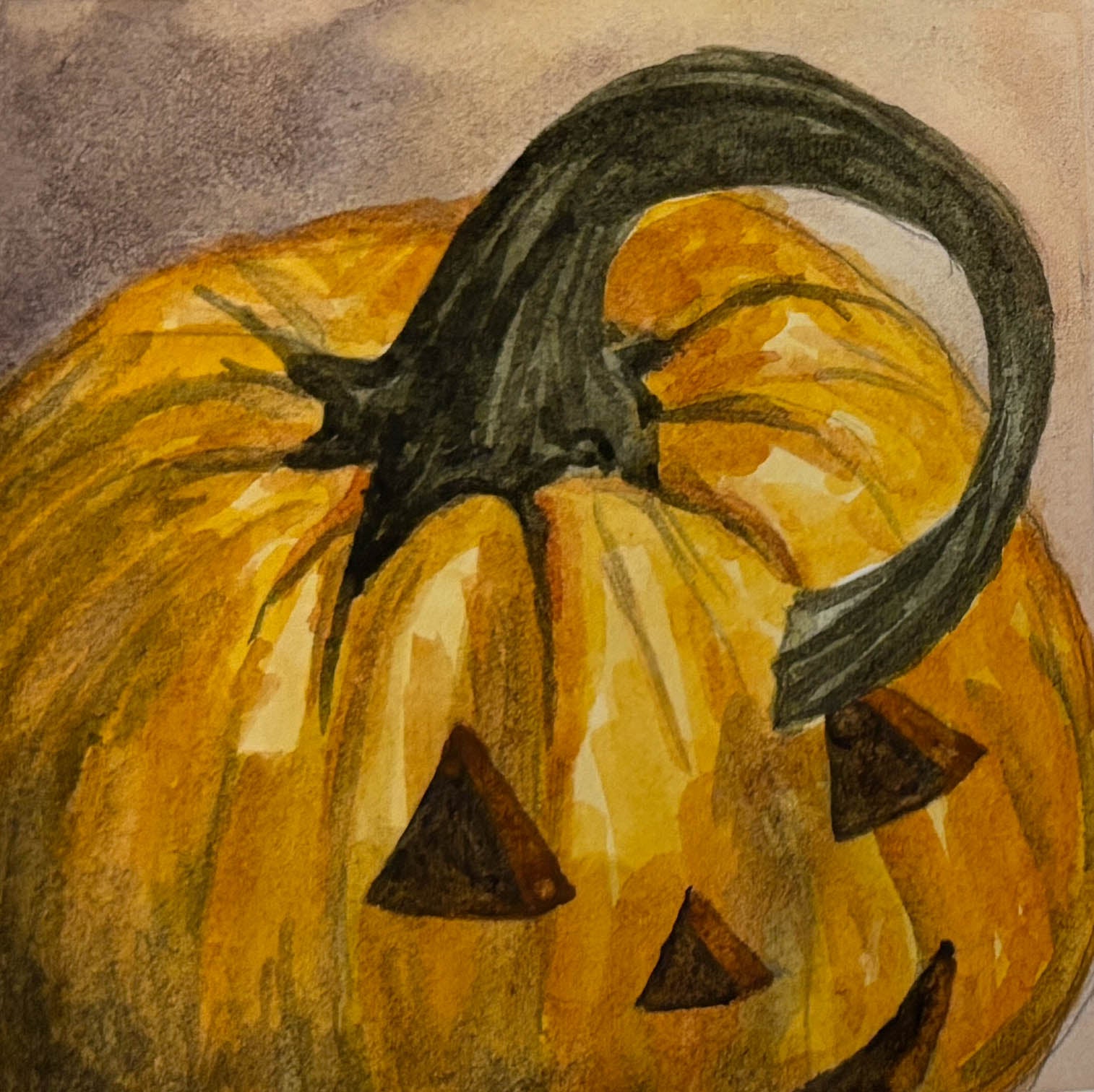 Watercolor painting of a pumpkin with a face carved into it on a textured beige background.