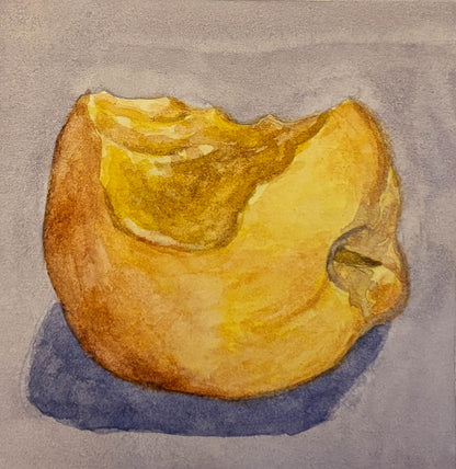  a watercolor painting that depicts a golden apple with a bite taken out of it against a greyish background. 