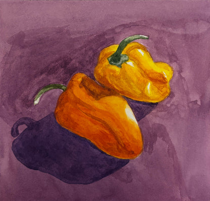 Two peppers, one orange and one yellow, on a purple background