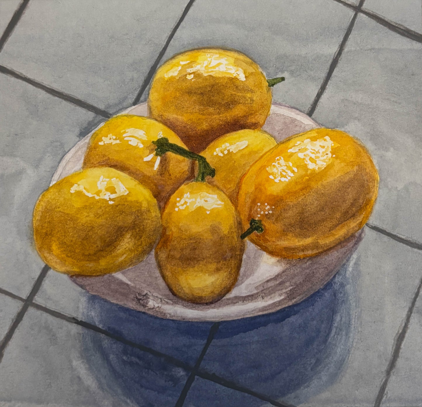 Still life painting of lemons on a plate with a textured gray background