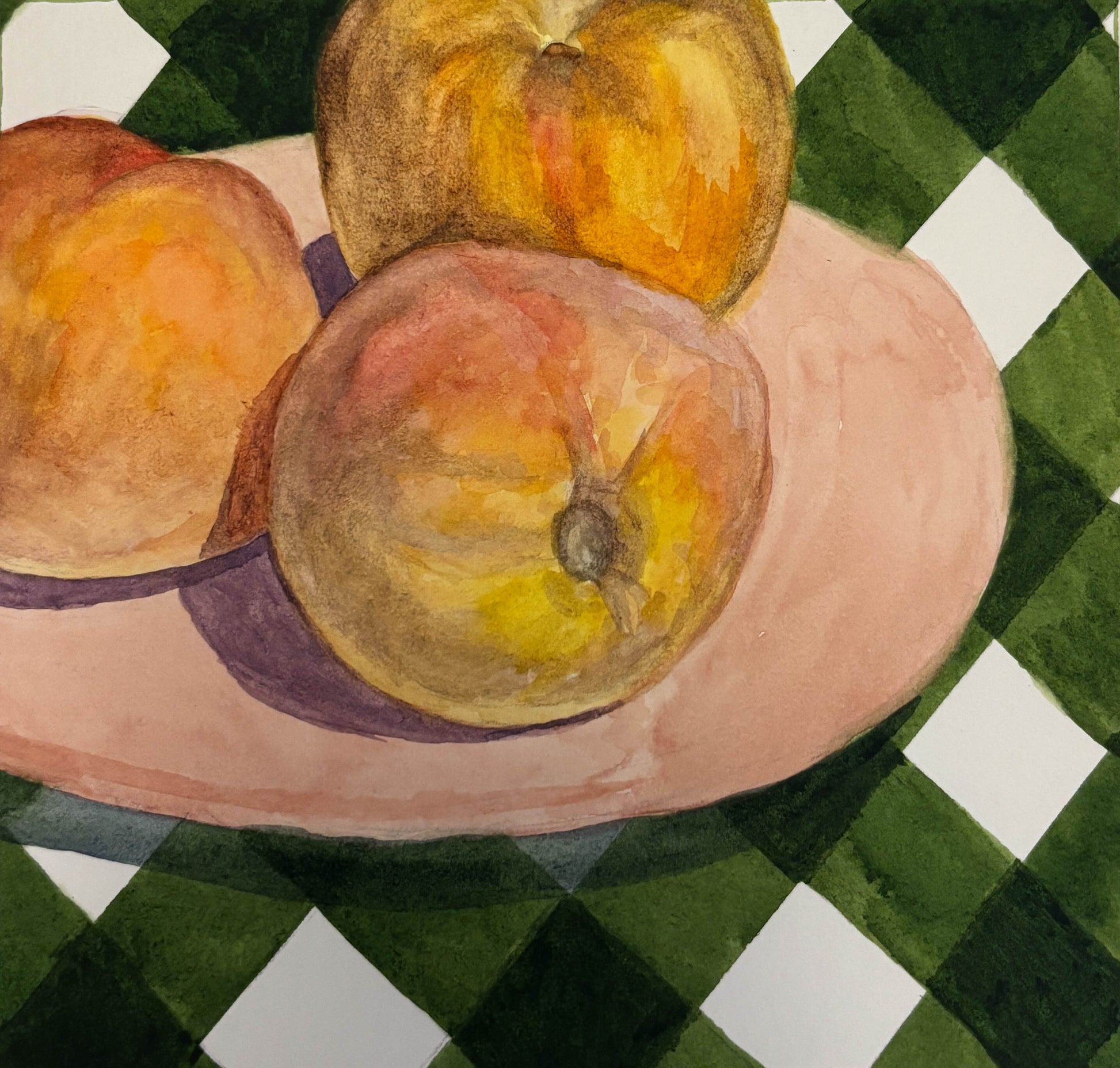 Still life painting of peaches on a checkered tablecloth