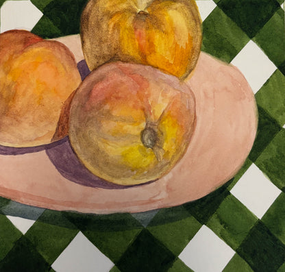 Still life painting of peaches on a checkered tablecloth
