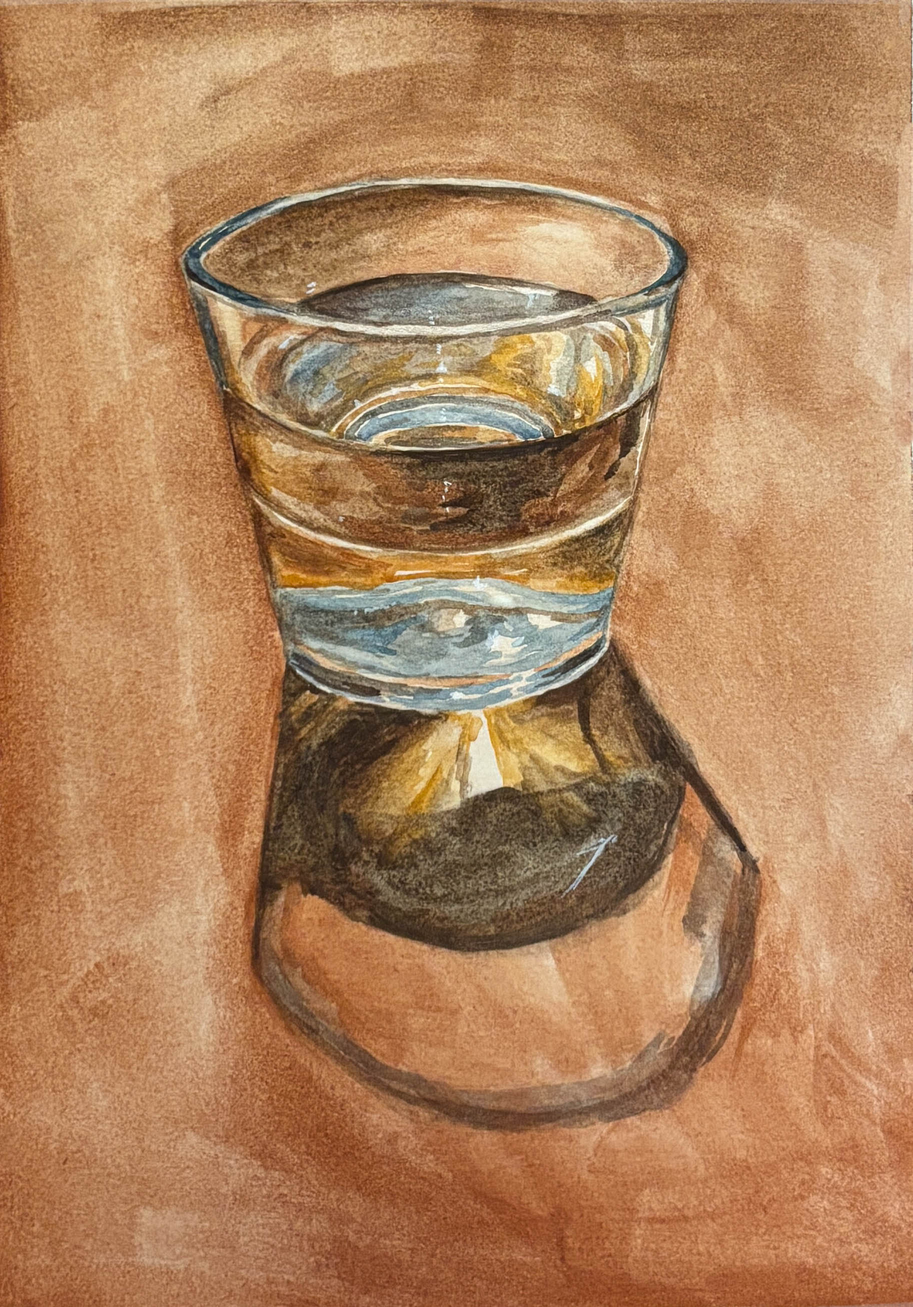 Artistic depiction of a glass with water on a brown background