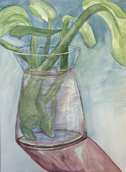 Artistic depiction of green leaves in a glass vase on a light blue background