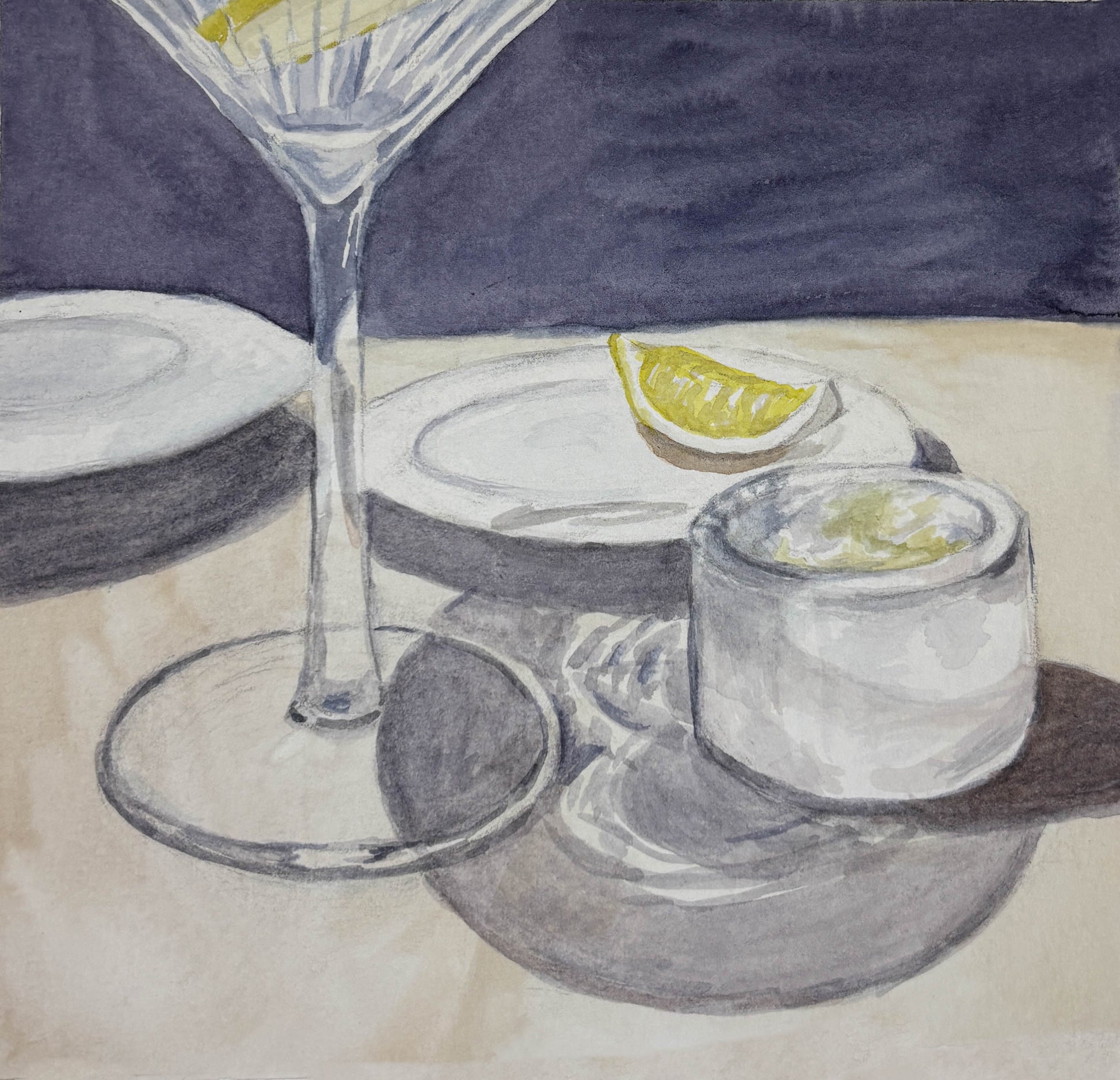 watercolor painting of a cocktail glass, two plates, one with a lemon wedge on it, and a butter bowl against a purple background. 