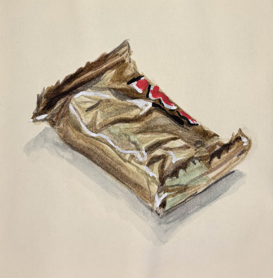 Artistic depiction of a crumpled chocolate bar wrapper on a beige background
