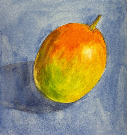Colorful mango illustration on a blue watercolor background