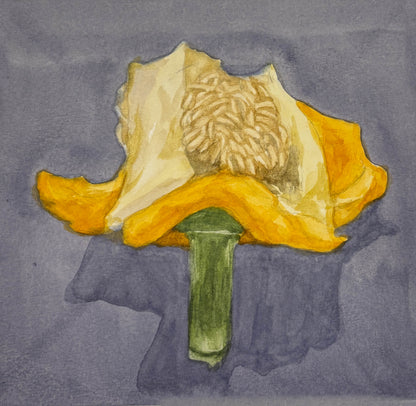 Artistic depiction of a yellow bell pepper with a green stem on a gray background