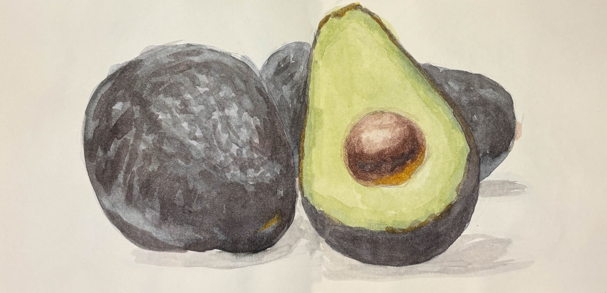 Illustration of an avocado with a cut half showing the green flesh and brown pit on a beige background.