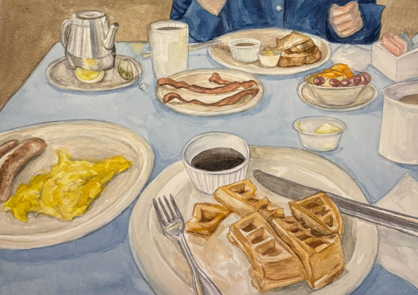 Illustration of a breakfast table with waffles, eggs, bacon, and coffee.