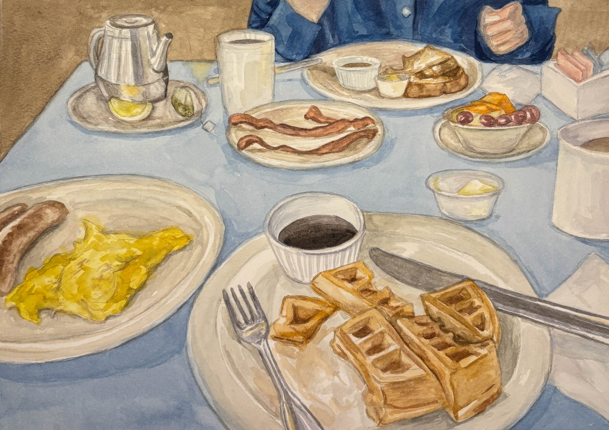 Illustration of a breakfast table with waffles, eggs, bacon, and coffee.