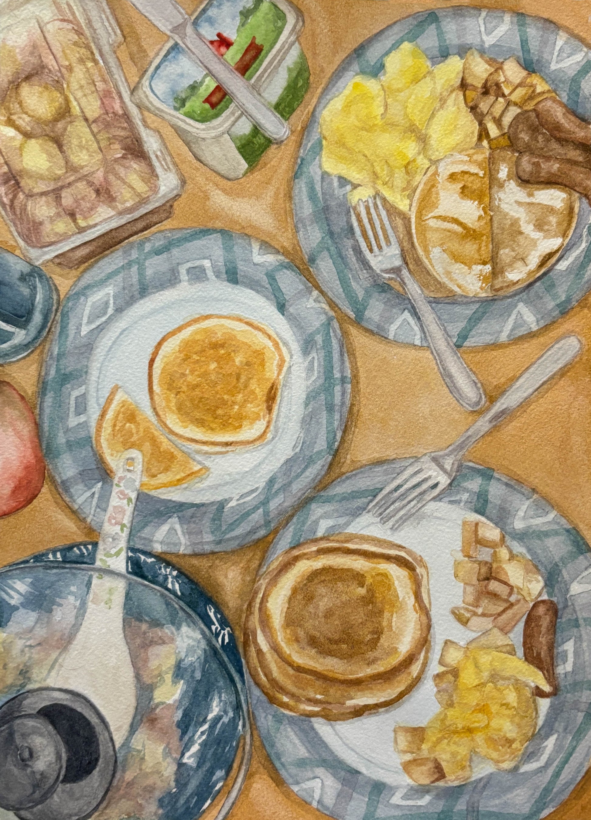 Illustration of a breakfast scene with plates of pancakes, eggs, and bacon on a wooden table.