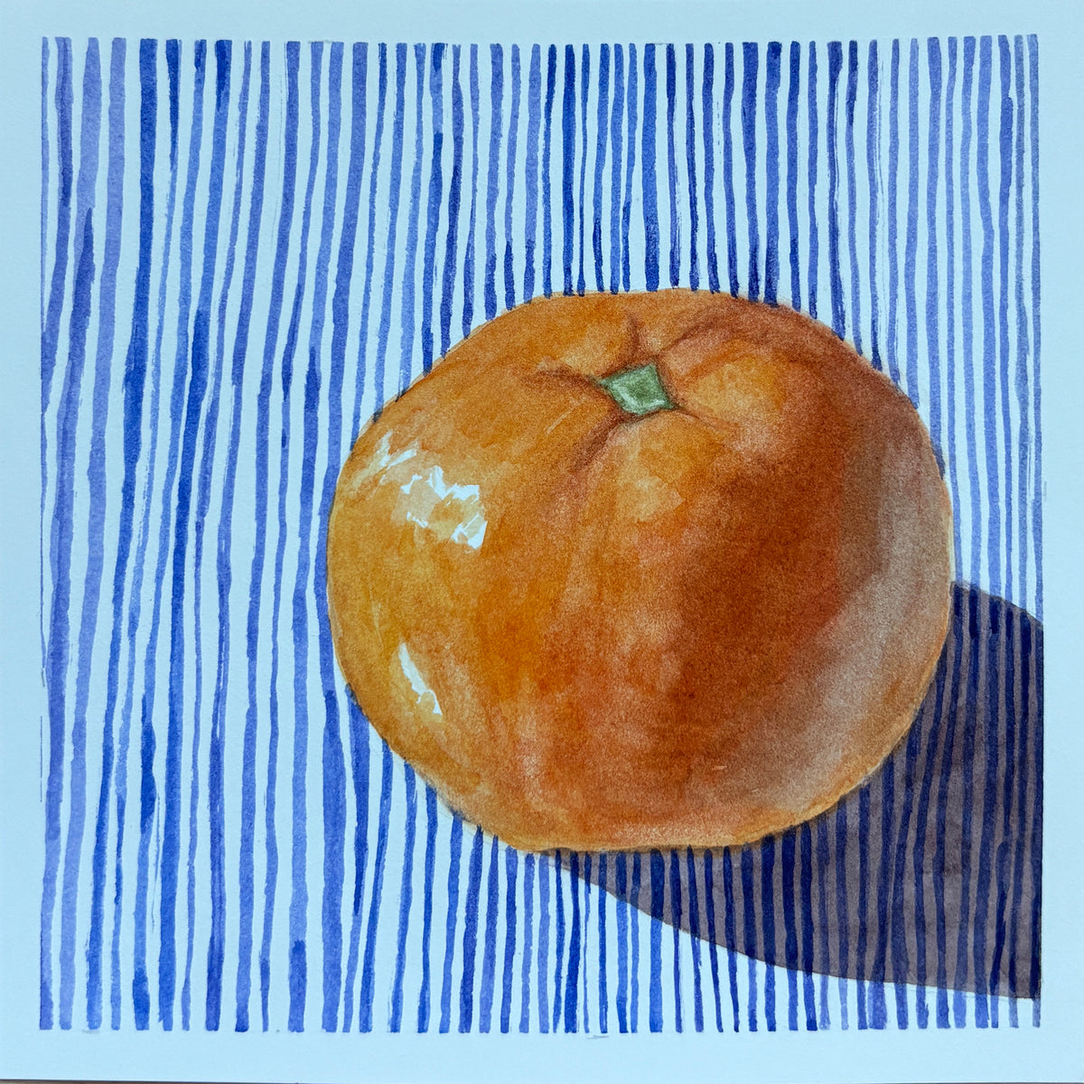 An orange watercolor painting with blue stripes in the background