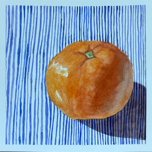 An orange watercolor painting with blue stripes in the background