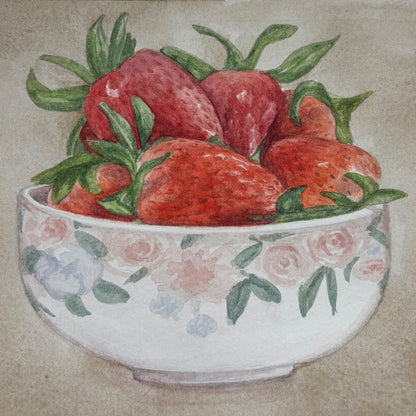 watercolor painting of a bowl of strawberries