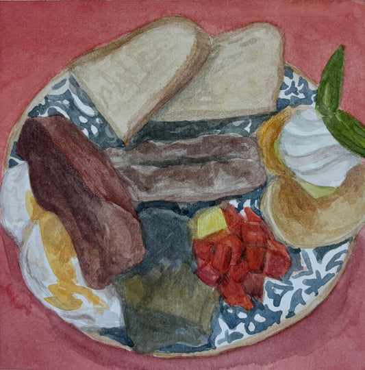 A watercolor painting of a breakfast plate featuring two slices of toast, bacon, eggs, tomatoes, and a small pastry, set against a solid red background.