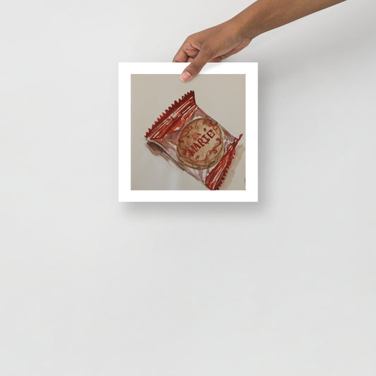 Product mockup of a watercolor print that depicts a cookie with 'Marie' branding in a red wrapper on a beige background