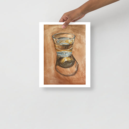 Product mockup of Artistic depiction of a glass with water on a brown background