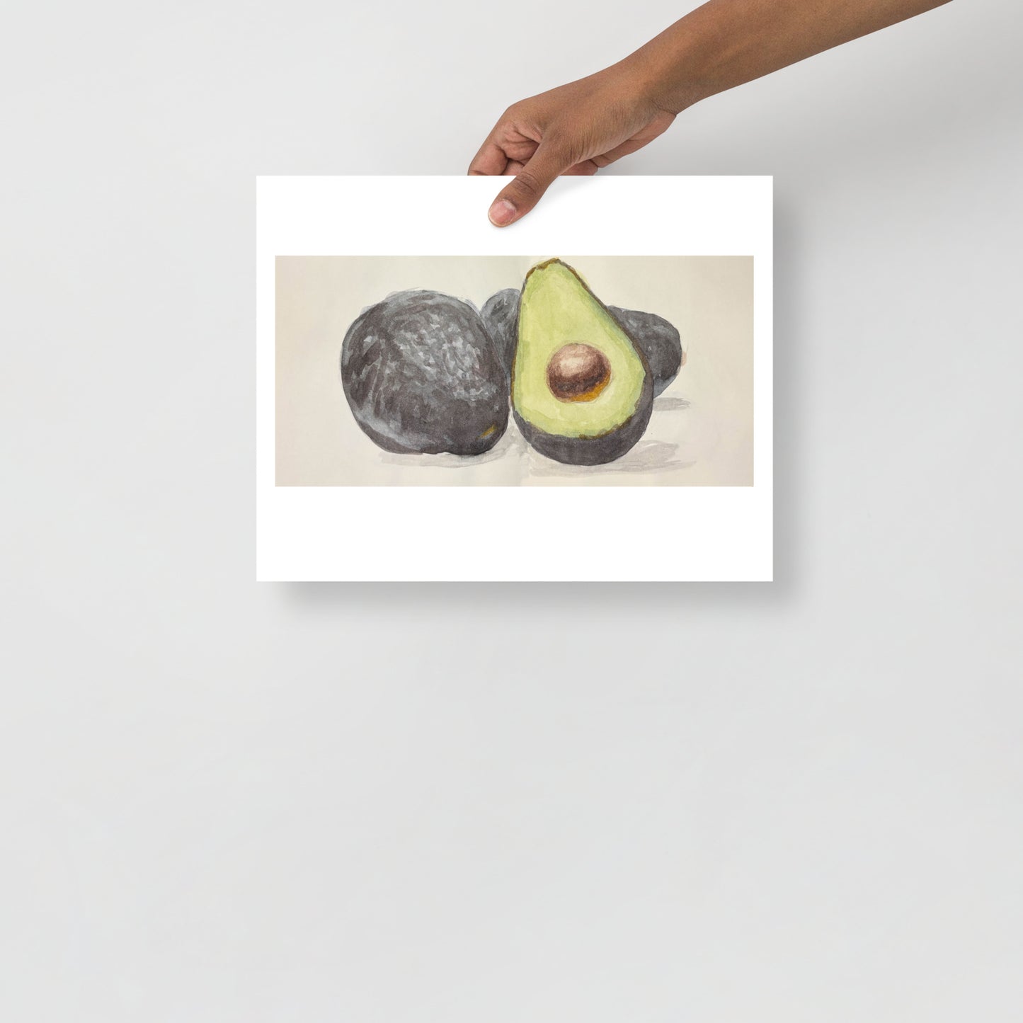 Product mockup of Illustration of an avocado with a cut half showing the green flesh and brown pit on a beige background.