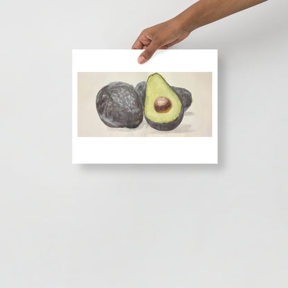 Product mockup of Illustration of an avocado with a cut half showing the green flesh and brown pit on a beige background.