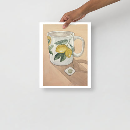 Product mockup of Ceramic mug with lemon design on a beige background