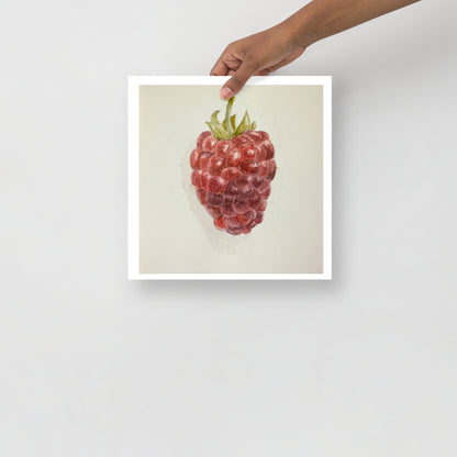 Product mockup of Watercolor painting of a red raspberry with a green stem against a white background.
